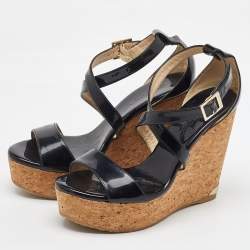 Jimmy Choo Black Patent Leather Portia Cork Platform Wedge Cross Strap Sandals Size 37
