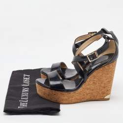Jimmy Choo Black Patent Leather Portia Cork Platform Wedge Cross Strap Sandals Size 37