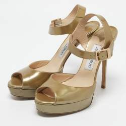 Jimmy Choo Metallic Green Patent Leather Platform Linda Ankle Strap Sandals Size 39.5