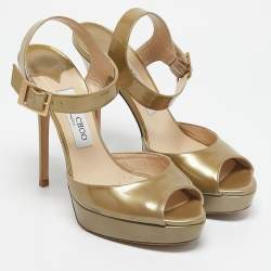 Jimmy Choo Metallic Green Patent Leather Platform Linda Ankle Strap Sandals Size 39.5