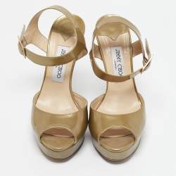 Jimmy Choo Metallic Green Patent Leather Platform Linda Ankle Strap Sandals Size 39.5