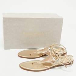 Jimmy Choo Gold Leather Narisa Lace Wrap Thong Flat Sandals Size 37