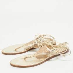 Jimmy Choo Gold Leather Narisa Lace Wrap Thong Flat Sandals Size 37