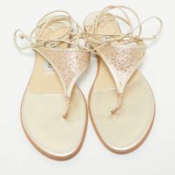 Jimmy Choo Gold Leather Narisa Lace Wrap Thong Flat Sandals Size 37