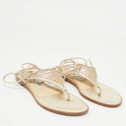 Jimmy Choo Gold Leather Narisa Lace Wrap Thong Flat Sandals Size 37