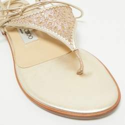 Jimmy Choo Gold Leather Narisa Lace Wrap Thong Flat Sandals Size 37