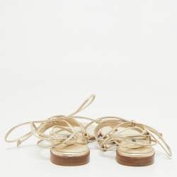 Jimmy Choo Gold Leather Narisa Lace Wrap Thong Flat Sandals Size 37