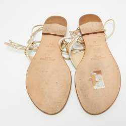 Jimmy Choo Gold Leather Narisa Lace Wrap Thong Flat Sandals Size 37