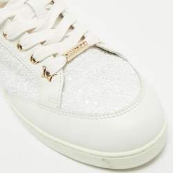 Jimmy Choo White Glitter and Leather Low Top Sneakers Size 40.5