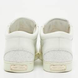 Jimmy Choo White Glitter and Leather Low Top Sneakers Size 40.5