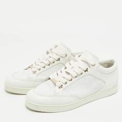 Jimmy Choo White Glitter and Leather Low Top Sneakers Size 40.5