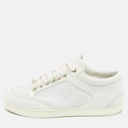 Jimmy Choo White Glitter and Leather Low Top Sneakers Size 40.5