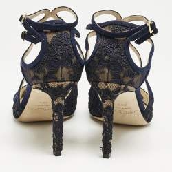 Pre Owned Jimmy Choo Blue Lace and Suede Lancer Ankle Strap Pumps Size 38.5
