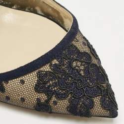 Pre Owned Jimmy Choo Blue Lace and Suede Lancer Ankle Strap Pumps Size 38.5
