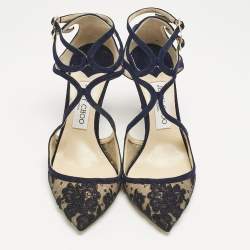 Pre Owned Jimmy Choo Blue Lace and Suede Lancer Ankle Strap Pumps Size 38.5