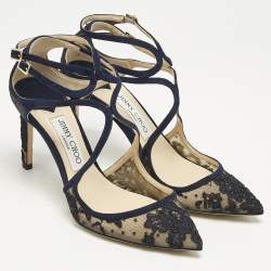 Pre Owned Jimmy Choo Blue Lace and Suede Lancer Ankle Strap Pumps Size 38.5