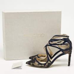 Pre Owned Jimmy Choo Blue Lace and Suede Lancer Ankle Strap Pumps Size 38.5