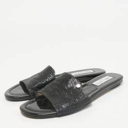 Pre Owned Jimmy Choo Metallic Black Glitter Nanda Flat Slides Size 38.5