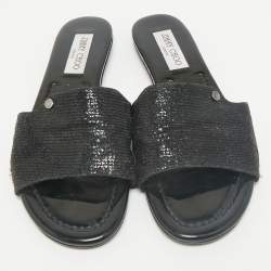Pre Owned Jimmy Choo Metallic Black Glitter Nanda Flat Slides Size 38.5