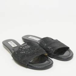 Pre Owned Jimmy Choo Metallic Black Glitter Nanda Flat Slides Size 38.5