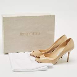 Jimmy Choo Beige Patent Evelyn Peep Toe Pumps Size 36
