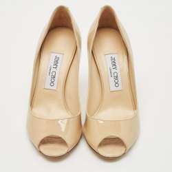 Jimmy Choo Beige Patent Evelyn Peep Toe Pumps Size 36