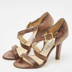 Jimmy Choo Brown Watersnake Leather Cross Strap Sandals Size 36