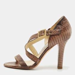Jimmy Choo Brown Watersnake Leather Cross Strap Sandals Size 36
