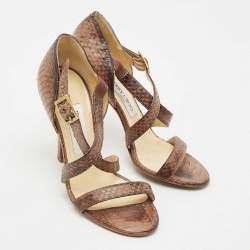 Jimmy Choo Brown Watersnake Leather Cross Strap Sandals Size 36