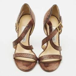 Jimmy Choo Brown Watersnake Leather Cross Strap Sandals Size 36
