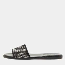 Jimmy Choo Black Leather and Suede Studded Minea Flat Slides Size 41