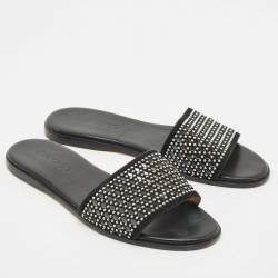 Jimmy Choo Black Leather and Suede Studded Minea Flat Slides Size 41