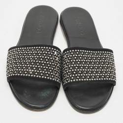 Jimmy Choo Black Leather and Suede Studded Minea Flat Slides Size 41