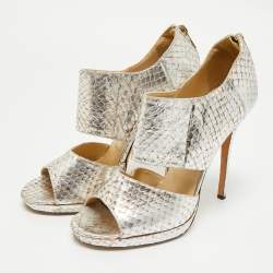 Jimmy Choo Metallic Silver Python Embossed Leather Private Peep Toe Sandals Size 40