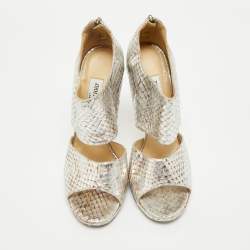 Jimmy Choo Metallic Silver Python Embossed Leather Private Peep Toe Sandals Size 40