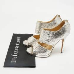 Jimmy Choo Metallic Silver Python Embossed Leather Private Peep Toe Sandals Size 40