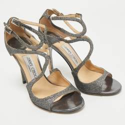 Pre Owned Jimmy Choo Grey Lurex Fabric Azia Ankle Strap Sandals Size 36
