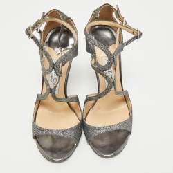 Pre Owned Jimmy Choo Grey Lurex Fabric Azia Ankle Strap Sandals Size 36