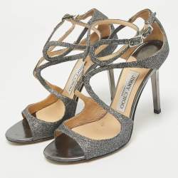 Pre Owned Jimmy Choo Grey Lurex Fabric Azia Ankle Strap Sandals Size 36