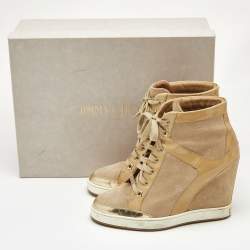 Jimmy Choo Beige Suede and Patent Leather Panama Wedge Sneakers Size 39