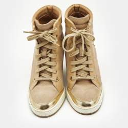 Jimmy Choo Beige Suede and Patent Leather Panama Wedge Sneakers Size 39