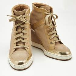 Jimmy Choo Beige Suede and Patent Leather Panama Wedge Sneakers Size 39