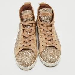 Jimmy Choo Beige/Silver Glitter and Suede High Top Sneakers Size 38