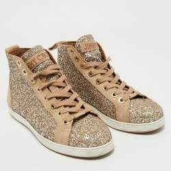 Jimmy Choo Beige/Silver Glitter and Suede High Top Sneakers Size 38