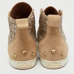 Jimmy Choo Beige/Silver Glitter and Suede High Top Sneakers Size 38
