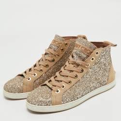 Jimmy Choo Beige/Silver Glitter and Suede High Top Sneakers Size 38