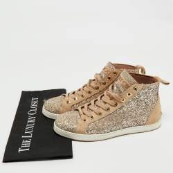 Jimmy Choo Beige/Silver Glitter and Suede High Top Sneakers Size 38