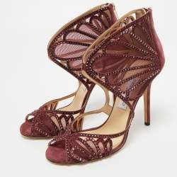 Jimmy Choo Burgundy Mesh and Suede Crystal Embellished Sandals Size 39