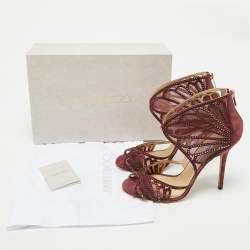 Jimmy Choo Burgundy Mesh and Suede Crystal Embellished Sandals Size 39