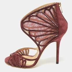Jimmy Choo Burgundy Mesh and Suede Crystal Embellished Sandals Size 39